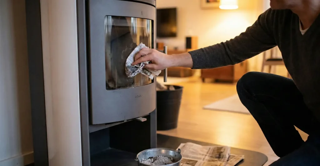 Homme qui nettoie son poêle à bois